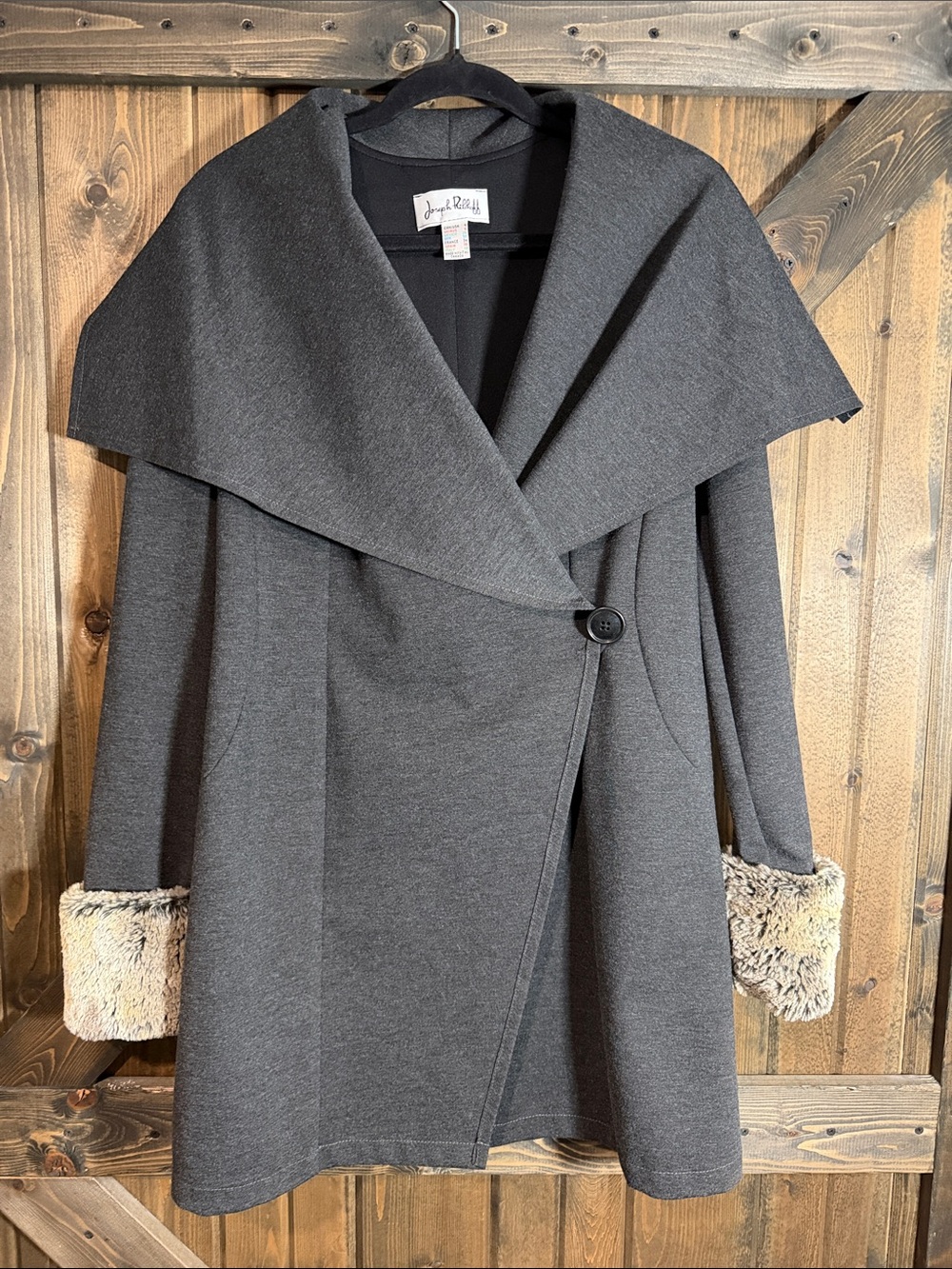 Joseph Ribkoff Dark Gray Shawl-Collar Sweater Coat with Removable Faux Fur Cuffs
